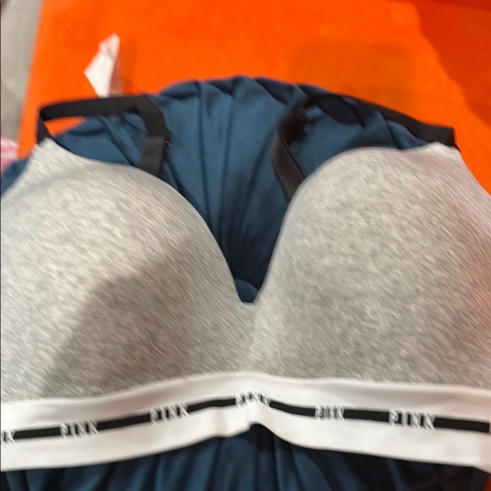 Gray and Blue Molded Cup Bra with Striped Elastic Band